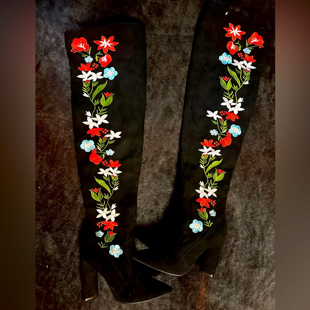 Black Floral Embroidered Over The Knee Boots